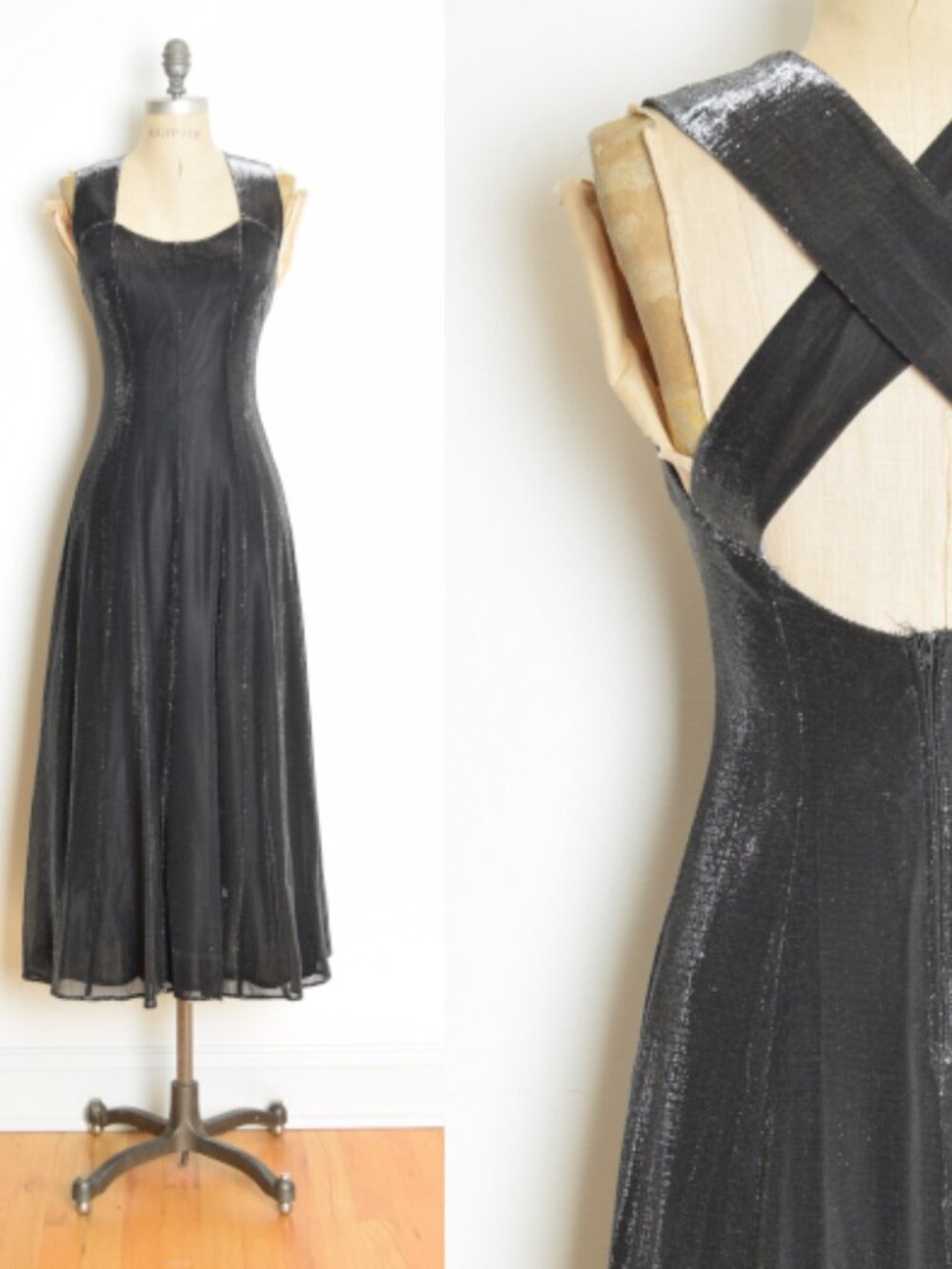 vintage 90s prom party dress black metallic silver shimmer criss cross midi XS S
